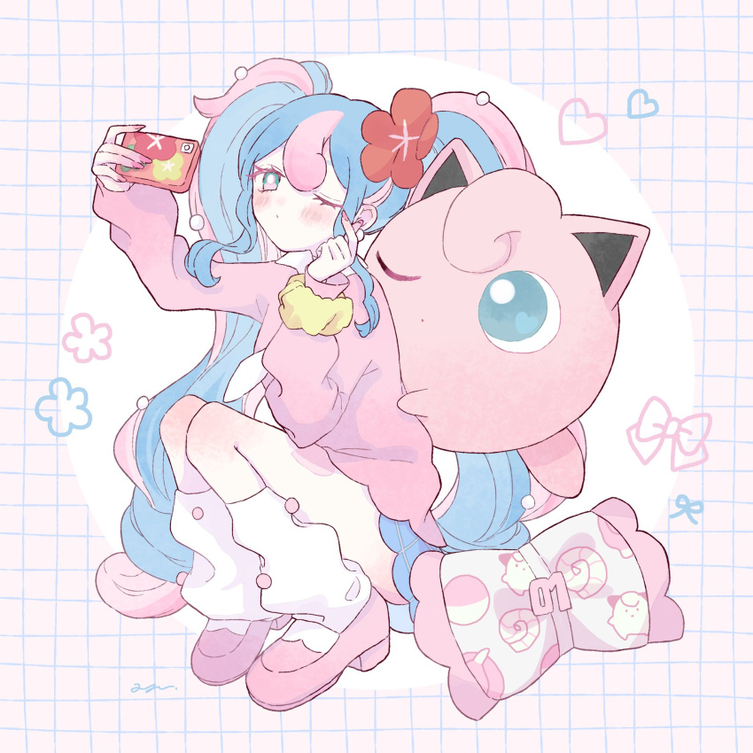 1girl blush bull_sprite_(pokemon) cardigan cellphone clefairy_sprite_(pokemon) fairy_miku_(project_voltage) flower fossil_sprite_(pokemon) hair_flower hair_ornament hatsune_miku heart highres jigglypuff leg_warmers long_hair multicolored_hair one_eye_closed phone pink_cardigan pokemon pokemon_(creature) ppptms project_voltage scrunchie selfie skirt two-tone_hair very_long_hair vocaloid wrist_scrunchie