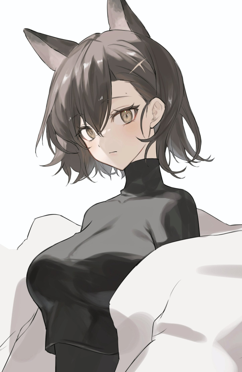 1girl 2naom8q6gt87292 :/ animal_ears arknights black_shirt blush breasts brown_hair dot_nose extra_ears hair_between_eyes highres large_breasts looking_at_viewer medium_hair mole_above_eye mole_on_forehead penance_(arknights) shirt simple_background solo turtleneck white_background wolf_ears wolf_girl yellow_eyes