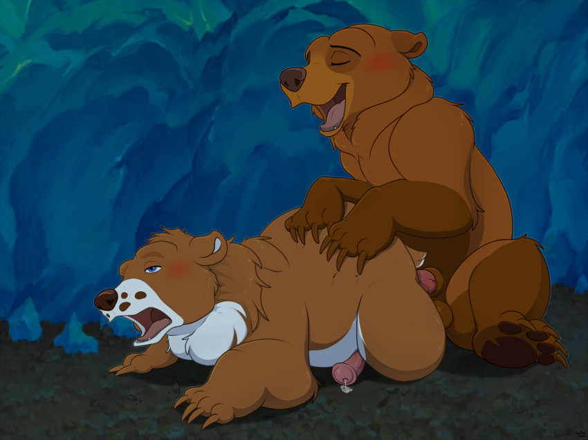 anthro bear blush bodily_fluids brother_bear brown_bear brown_body brown_fur disney dripping duo erection eyes_closed feet feral feral_on_feral feral_penetrated feral_penetrating feral_penetrating_feral fur genital_fluids genitals grizzly_bear hi_res kenai_(brother_bear) looking_pleasured male male/male male_penetrated male_penetrating male_penetrating_male mammal mcfan mishka_(fishymishy) open_mouth pawpads penetration penis precum precum_drip sex ursine