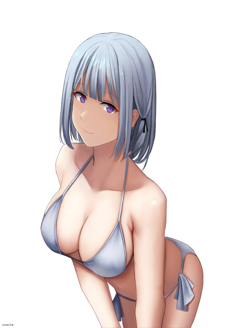 1girl absurdres alternate_costume artist_name bare_shoulders bikini breasts cleavage closed_mouth collarbone cozie178 feet_out_of_frame girls'_frontline grey_hair highres leaning_forward looking_at_viewer medium_breasts medium_hair one-piece_swimsuit purple_eyes rpk-16_(girls'_frontline) smile solo standing swimsuit white_background white_bikini white_one-piece_swimsuit