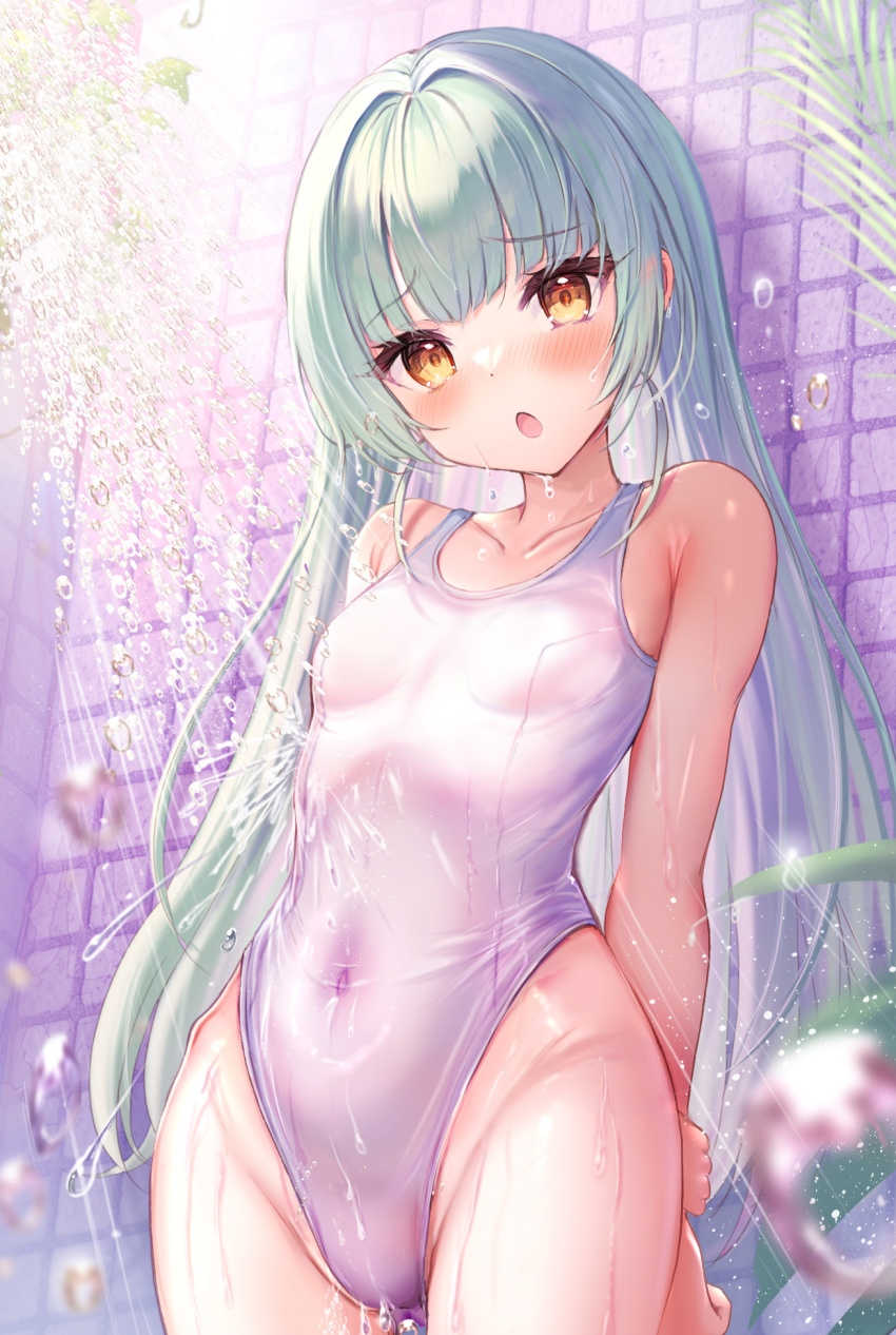 1girl akabane_(zebrasmise) arms_behind_back ass_visible_through_thighs blue_hair blush breasts brown_eyes covered_navel groin highleg highleg_swimsuit highres long_hair looking_at_viewer mahoroba nemori_petty one-piece_swimsuit open_mouth showering small_breasts solo swimsuit thighs tile_wall tiles virtual_youtuber water wet wet_clothes wet_swimsuit white_one-piece_swimsuit