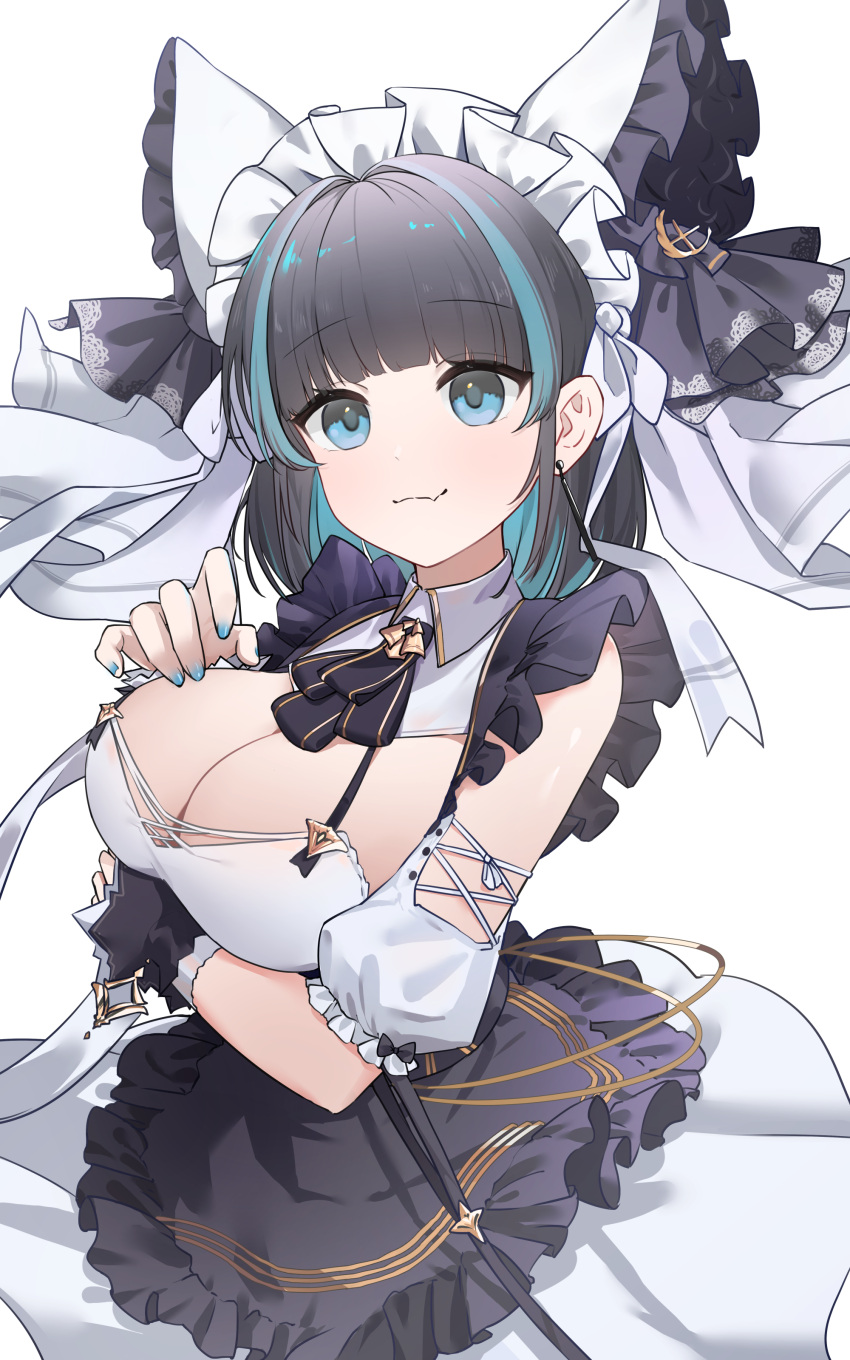 1girl absurdres animal_ears azur_lane blue_eyes blue_nails breasts cheshire_(azur_lane) cleavage closed_mouth detached_sleeves earrings fake_animal_ears fang highres jewelry large_breasts maid maid_headdress man_man multicolored_hair puffy_short_sleeves puffy_sleeves short_sleeves simple_background skin_fang smile solo streaked_hair white_background