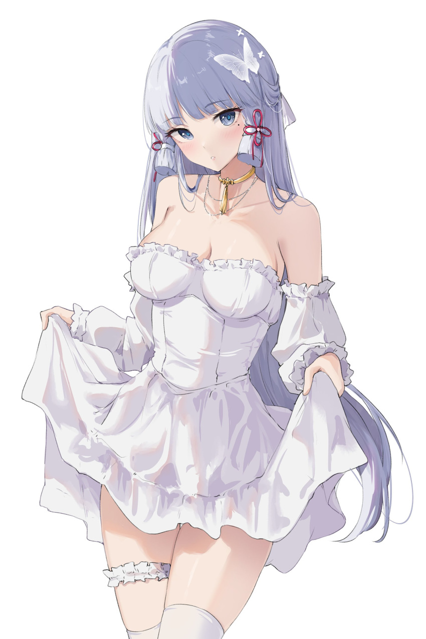 1girl absurdres alternate_hairstyle bare_shoulders blue_eyes blue_hair breasts bridal_garter butterfly_hair_ornament choker cleavage collarbone commentary cowboy_shot detached_sleeves dress feint721 genshin_impact hair_down hair_ornament head_tilt highres kamisato_ayaka large_breasts long_hair long_sleeves looking_at_viewer mole mole_under_eye parted_lips revision short_dress sidelocks simple_background skirt_hold solo standing strapless strapless_dress thighhighs white_background white_dress white_thighhighs yellow_choker