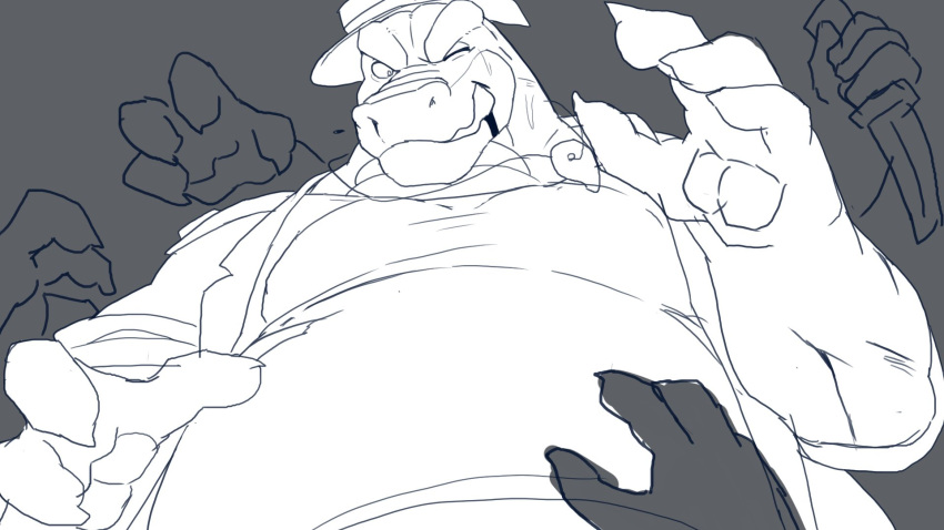 2023 alligator alligatorid anthro belly brok_(character) brok_the_investigator clothing crocodilian hi_res humanoid_hands kemono knife male musclegut nod_zilla_dora one_eye_closed overweight overweight_male reptile scalie shirt simple_background solo topwear