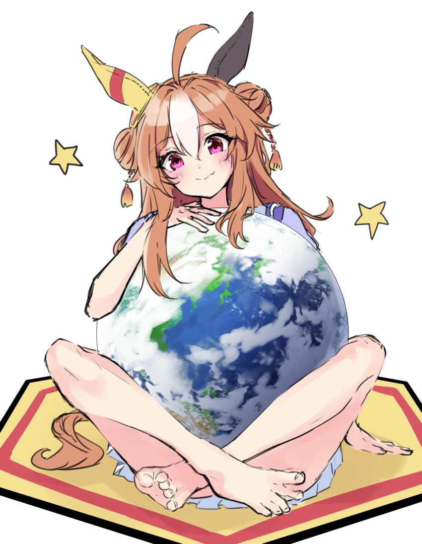 1girl absurdres ahoge animal_ears barefoot blush brown_hair closed_mouth copano_rickey_(umamusume) double_bun ear_covers earth_(planet) fang fang_out feet full_body hair_bun hair_ornament highres horse_ears horse_girl horse_tail indian_style legs long_hair looking_at_viewer multicolored_hair planet purple_shirt red_eyes shirt short_sleeves sitting skin_fang skirt smile solo spread_toes star_(symbol) tail tassel tassel_hair_ornament tiara_(871220) toenails toes two-tone_hair umamusume white_background white_skirt