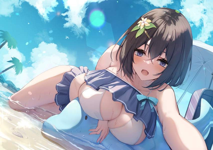 1girl :o bare_arms bare_shoulders bikini bikini_skirt black_hair blue_eyes blue_sky blush breasts cloud hair_ornament hairclip large_breasts liya looking_at_viewer lying on_stomach open_mouth original outdoors palm_tree short_hair sky solo swimsuit thighs tree water wet