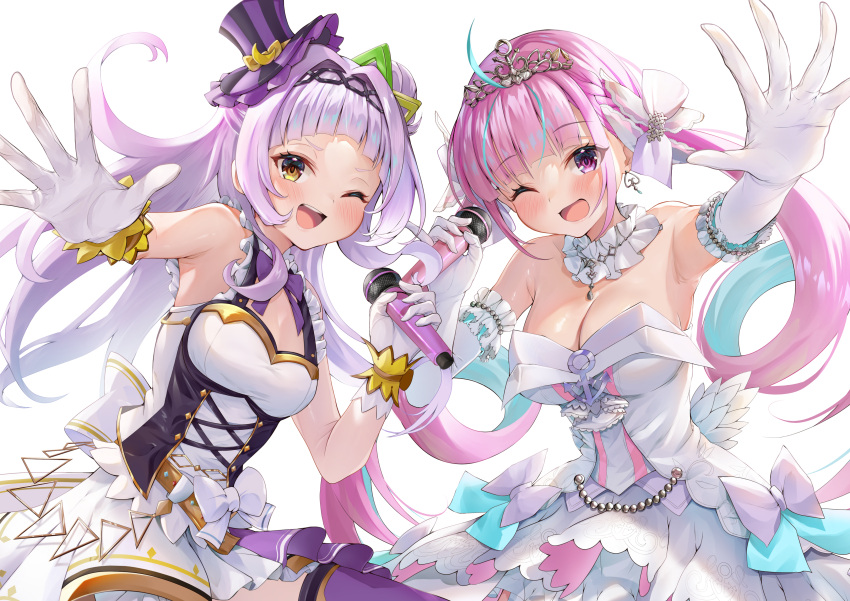 2girls absurdres ahoge blue_hair blunt_bangs blush breasts cleavage crown dress elbow_gloves frilled_dress frills gloves grey_hair hair_bun hair_ornament hat head_chain highres holding holding_microphone hololive hololive_idol_uniform kairono3jou large_breasts layered_skirt looking_at_viewer microphone minato_aqua minato_aqua_(aqua_iro_super_dream) mini_hat miniskirt multicolored_hair multiple_girls murasaki_shion official_alternate_costume one_eye_closed pink_hair purple_thighhighs short_eyebrows sidelocks single_hair_bun skirt sleeveless sleeveless_dress small_breasts smile star_(symbol) star_hair_ornament teeth thighhighs two-tone_hair upper_teeth_only virtual_youtuber white_background white_dress white_gloves witch_hat yellow_eyes