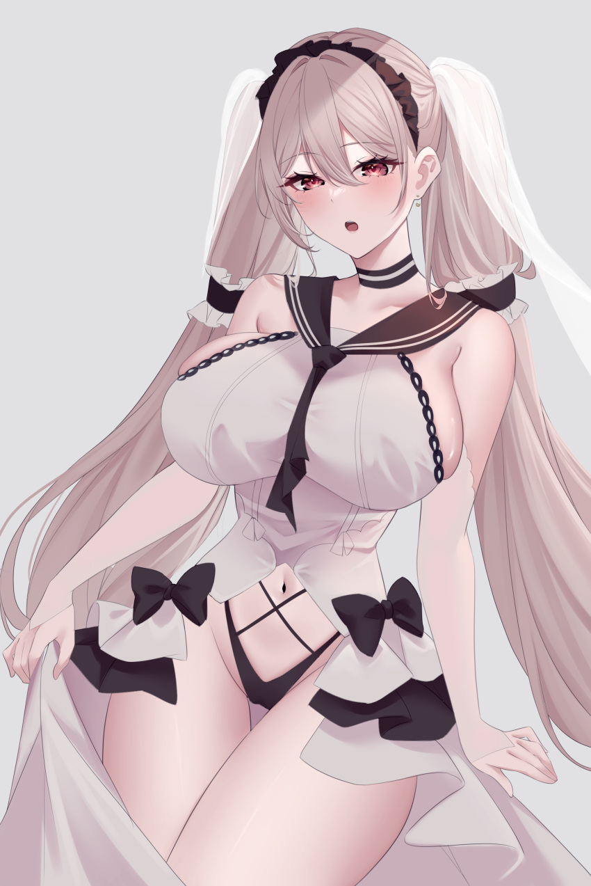 1girl absurdly_long_hair absurdres azur_lane black_choker black_neckerchief black_sailor_collar breasts brown_eyes choker clothing_cutout commentary dress dress_flower feather_dress formidable_(azur_lane) formidable_(timeless_classics)_(azur_lane) full_body grey_hair hair_ornament highres huge_breasts long_hair looking_at_viewer nanako94418108 navel_cutout neckerchief official_alternate_costume sailor_collar seiza simple_background sitting sleeveless sleeveless_dress solo twintails two-tone_dress two-tone_ribbon veil very_long_hair white_dress