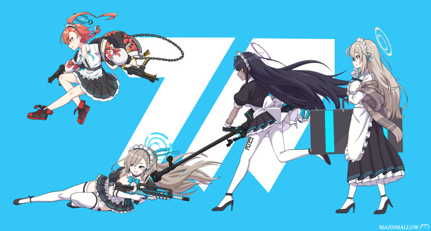 4girls absurdres ahoge akane_(blue_archive) apron artist_name assault_rifle asuna_(blue_archive) back_bow black_choker black_footwear black_hair black_halo black_skirt blue_archive blue_background blue_bow blue_bowtie blue_eyes blue_halo blue_necktie blue_ribbon bow bowtie boys_anti_tank_rifle braid braided_bun breasts brown_eyes brown_shawl bullpup center_frills chain choker cleavage closed_mouth dark-skinned_female dark_skin detached_collar dual_wielding earrings elbow_gloves famas floating_hair frilled_apron frills glasses gloves grin gun hair_bun hair_ribbon halo high_heels highres holding holding_case holding_gun holding_weapon huge_ahoge jacket jewelry karin_(blue_archive) large_breasts light_brown_hair long_bangs long_hair long_skirt long_sleeves looking_ahead maid maid_apron maid_headdress majinmallow midair mole mole_on_breast mole_under_eye multiple_girls necktie neru_(blue_archive) open_clothes open_jacket orange_hair pantyhose plaid_shawl pleated_skirt profile puffy_short_sleeves puffy_sleeves purple_halo red_eyes ribbon rifle running shawl shirt shoes short_hair short_sleeves sig_sauer_mpx single_braid skirt sliding small_breasts smile sneakers standing stud_earrings submachine_gun sukajan thighhighs undone_necktie waist_apron walking weapon white_apron white_gloves white_pantyhose white_shirt white_thighhighs yellow_eyes yellow_halo