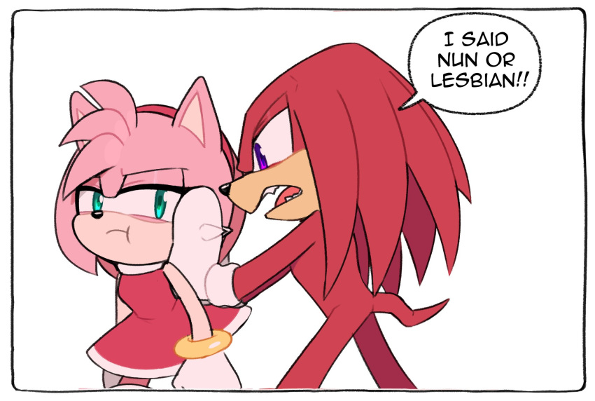 2023 amy_rose clothing echidna eulipotyphlan fangs gloves grumpy handwear hedgehog hi_res knuckles_the_echidna mammal monotreme pushing sega simple_background sonic_the_hedgehog_(series) speech_bubble teeth text toonsite white_background