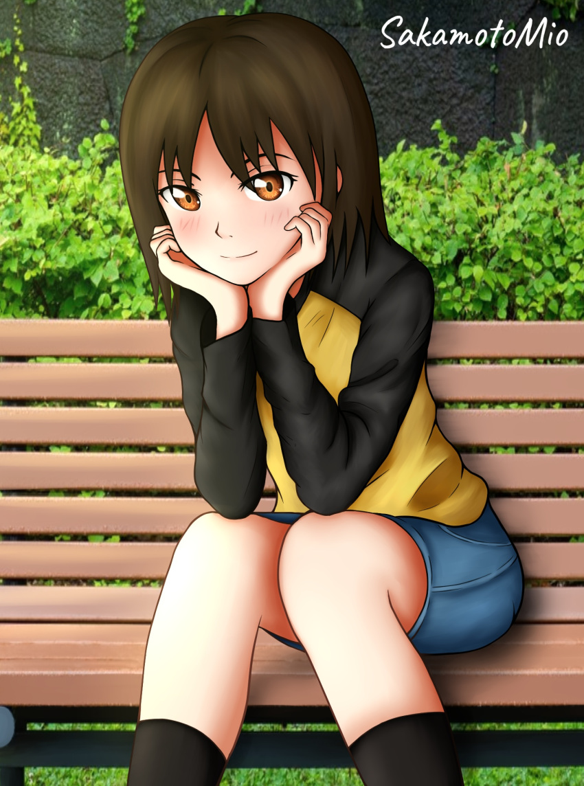 1girl artist_name bad_id bad_pixiv_id bench black_shirt black_socks blue_skirt blush bob_cut breasts brown_eyes brown_hair closed_mouth commentary denim denim_skirt elbow_rest feet_out_of_frame foliage grass hand_on_own_face hands_on_own_cheeks hands_on_own_face head_rest highres knees_together_feet_apart leaning_forward light_smile long_sleeves looking_at_viewer nakahara_misaki nhk_ni_youkoso! on_bench outdoors park_bench photo_background raglan_sleeves sakamoto_mio_(maxim-tebyakin) shirt short_hair sitting skirt small_breasts smile socks solo stone_wall two-tone_shirt wall yellow_shirt