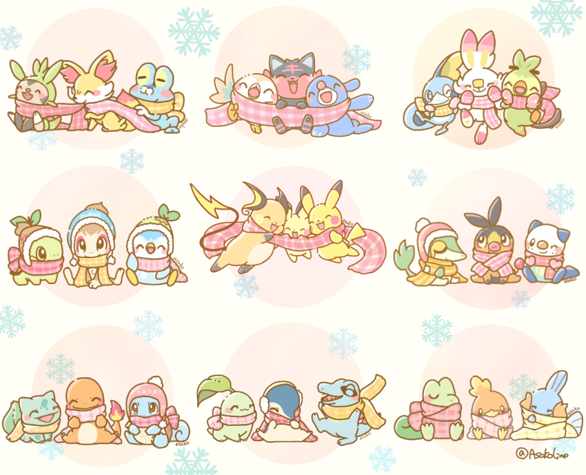 ^_^ animal_ear_fluff animal_focus asakoline black_eyes blue_eyes blue_headwear blush_stickers brown_eyes brown_headwear bulbasaur charmander chespin chikorita chimchar closed_eyes cyndaquil earmuffs evolutionary_line fangs fennekin froakie green_headwear happy litten mudkip no_humans nostrils one_eye_closed open_mouth orange_scarf oshawott pichu pikachu pink_mittens pink_scarf piplup pokemon pokemon_(creature) pom_pom_(clothes) popplio raichu red_headwear rowlet scarf scorbunny sharp_teeth signature sitting smile snivy snowflakes sobble squirtle starter_pokemon_trio teeth tepig totodile treecko turtwig upper_teeth_only yellow_eyes