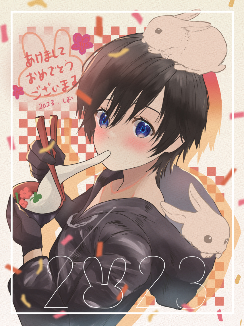 1girl 2023 absurdres animal_on_head black_coat_(kingdom_hearts) black_hair blue_eyes blush chinese_zodiac chopsticks eating eyebrows_hidden_by_hair food gloves highres hood kawame626 kingdom_hearts looking_at_viewer mochi on_head rabbit rabbit-shaped_pupils rabbit_on_head short_hair solo symbol-shaped_pupils translation_request xion_(kingdom_hearts) year_of_the_rabbit