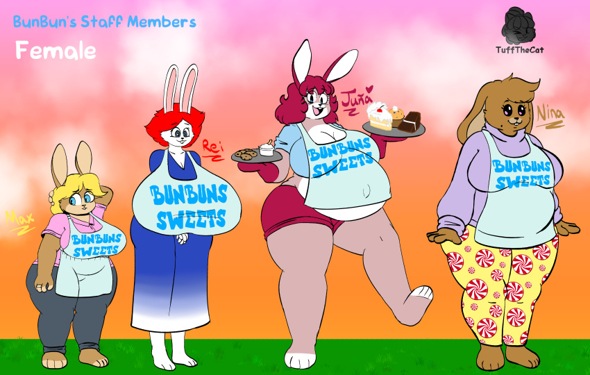 absurd_res anthro apron belly big_belly big_breasts black_eyes blonde_hair blue_eyes bottomwear breasts brown_body brown_fur bunbun's_sweets cake candy cherry chocolate clothed clothing cookie dessert digital_media_(artwork) dot_eyes female food fruit fur group hair hi_res huge_breasts hyper hyper_breasts ice_cream juna_(tuffthecat) lagomorph legwear leporid looking_at_viewer mammal max_(tuffthecat) muffin navel navel_outline nina_(tuffthecat) open_mouth pattern_clothing pattern_legwear plant pregnant pregnant_female rabbit red_hair rei_(tuffthecat) simple_background slightly_chubby smile sweater text thick_thighs tongue topwear tuffthecat white_body wide_hips