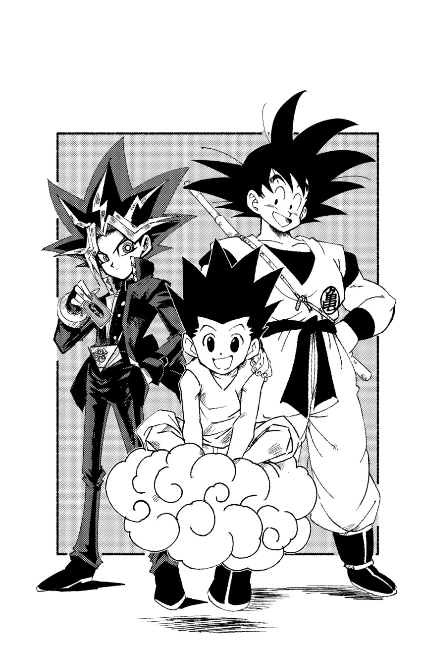 3boys :d absurdres card crossover dougi dragon_ball dragon_ball_z dyed_bangs fenyon gon_freecss greyscale hand_on_another's_shoulder highres holding holding_card hunter_x_hunter male_child male_focus millennium_puzzle monochrome multiple_boys multiple_crossover muscular muscular_child shounen_jump smile son_goku spiked_hair standing yami_yuugi yu-gi-oh! yu-gi-oh!_duel_monsters