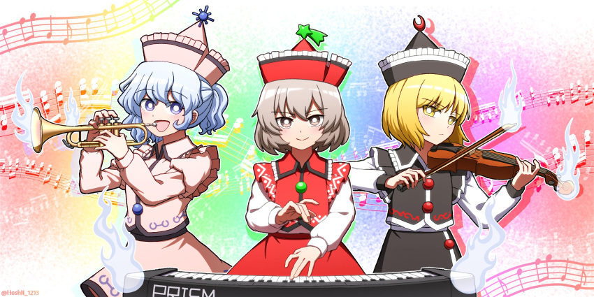 3girls beamed_eighth_notes beamed_sixteenth_notes black_headwear black_skirt black_vest blonde_hair blush brown_eyes brown_hair closed_mouth crescent crescent_hat_ornament eighth_note grey_hair hair_between_eyes hat hat_ornament highres holding holding_instrument hoshii_1213 instrument keyboard_(instrument) long_sleeves lunasa_prismriver lyrica_prismriver merlin_prismriver multiple_girls music musical_note open_mouth pink_headwear pink_skirt pink_vest playing_instrument purple_eyes quarter_note red_headwear red_skirt red_vest short_hair siblings sisters skirt smile star_(symbol) star_hat_ornament touhou trumpet twitter_username vest violin yellow_eyes