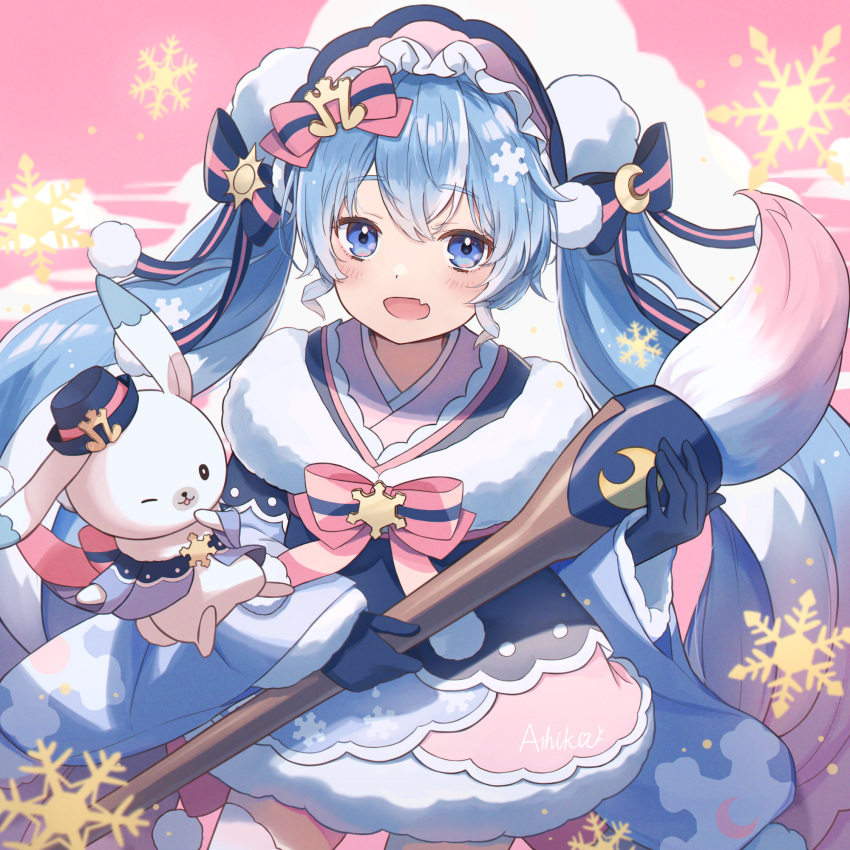 1girl ashika_(yftcc948) blue_eyes blue_gloves blue_hair bow crescent crescent_hair_ornament fang gloves gradient_hair hair_bow hair_ornament hat hatsune_miku highres multicolored_hair paintbrush rabbit snowflakes sun_hair_ornament sun_symbol twintails vocaloid yuki_miku yuki_miku_(2023)