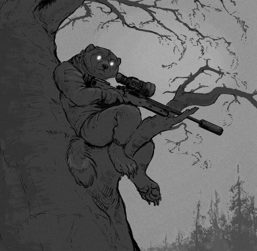 2022 4_toes anthro barefoot black_and_white bottomwear branch claws clothing evergreen_tree feet fluffy fluffy_tail fur gloves gulonine gun handwear hi_res holding_object holding_weapon hotchkisstank jacket looking_at_viewer male mammal monochrome mustelid musteline pants paws pine_tree plant ranged_weapon rifle round_ears scope sitting sitting_on_tree sky sniper sniper_rifle snout solo surpressor tail toe_claws toes topwear tree weapon wolverine