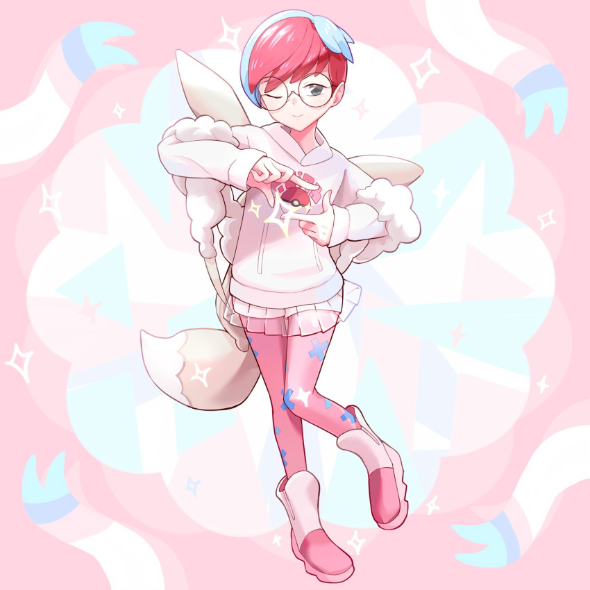 1girl ;) alternate_color backpack bag blue_hair boots closed_mouth ffccll full_body glasses grey_eyes highres holding holding_poke_ball hood hoodie long_sleeves mixed-language_commentary multicolored_hair one_eye_closed pantyhose penny_(pokemon) pink_pantyhose pleated_skirt poke_ball poke_ball_(basic) pokemon pokemon_(game) pokemon_masters_ex red_hair round_eyewear see-through see-through_skirt shorts skirt smile solo sparkle two-tone_hair white_shorts