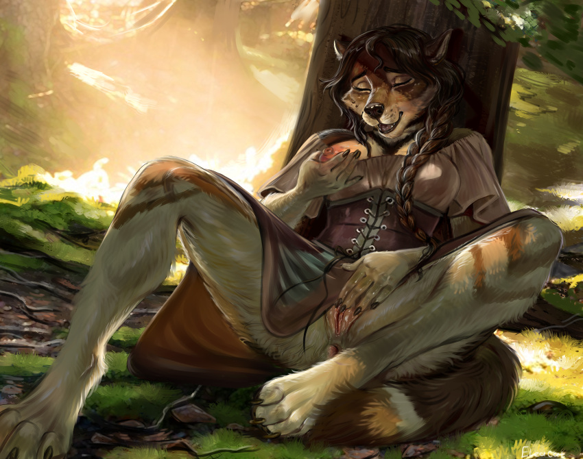 4_toes absurd_res anthro bianca_moonsong_(azeiron) bodily_fluids braided_hair braided_ponytail breast_grab breasts brown_claws brown_hair brown_nose canid canine canis claws clothing digitigrade dipstick_tail dress eleacat exposed_breasts feet female genital_fluids hair hand_on_breast hi_res looking_pleasured mammal markings masturbation medieval_clothing medium_breasts ponytail pussy_juice solo spread_legs spreading tail tail_markings toes wet_nose wolf