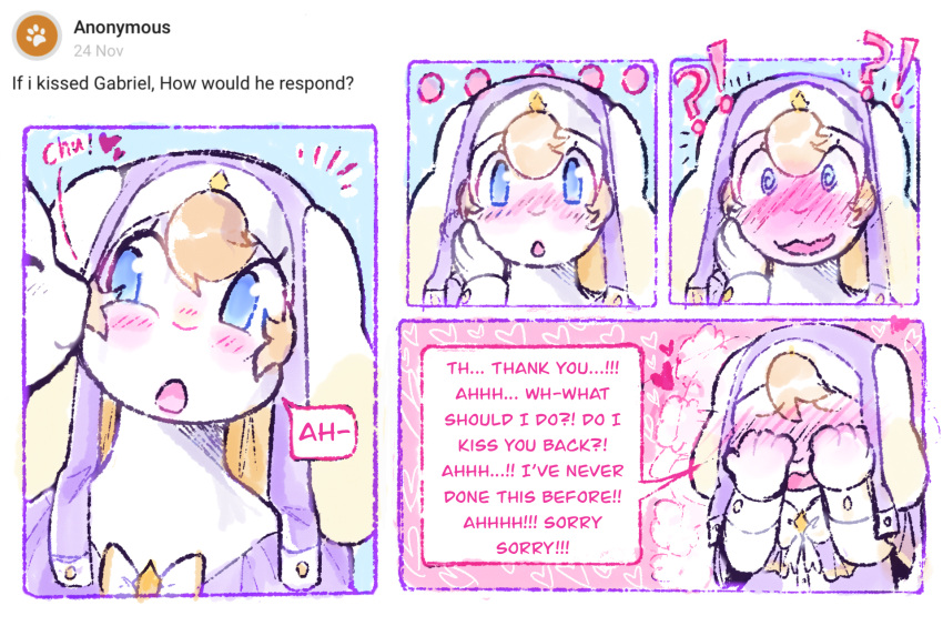 &lt;3 ambiguous_gender anon anthro ask_blog blonde_hair blue_eyes blush comic covering covering_eyes covering_face dialogue duo english_text flustered fur gabriel_(pawberry) hair hi_res kissing_cheek lagomorph leporid male_(lore) mammal nun_outfit pawberry rabbit spiral_eyes text white_body white_fur