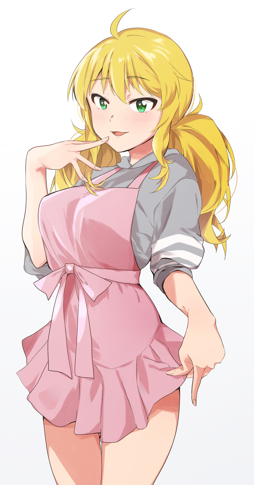 1girl absurdres ahoge alternate_hairstyle apron blonde_hair blush bow breasts cowboy_shot finger_to_mouth green_eyes grey_shirt hand_up highres hoshii_miki idolmaster idolmaster_(classic) idolmaster_million_live! idolmaster_million_live!_theater_days katsu_(kana) long_hair looking_at_viewer low_twintails medium_breasts open_mouth pink_apron pink_bow shirt short_sleeves simple_background smile solo standing twintails waist_bow white_background