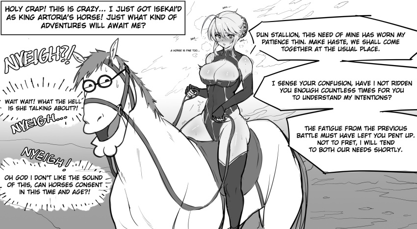 1boy 1girl absurdres ahoge animalization artoria_pendragon_(fate) braid braided_bun breasts cleavage crossover elbow_gloves english_text family_guy fate_(series) gloves greyscale hair_bun highres holding holding_reins horse horseback_riding kowai_(iamkowai) large_breasts leotard monochrome peter_griffin reins riding round_eyewear saber single_hair_bun speech_bubble sweat thighhighs