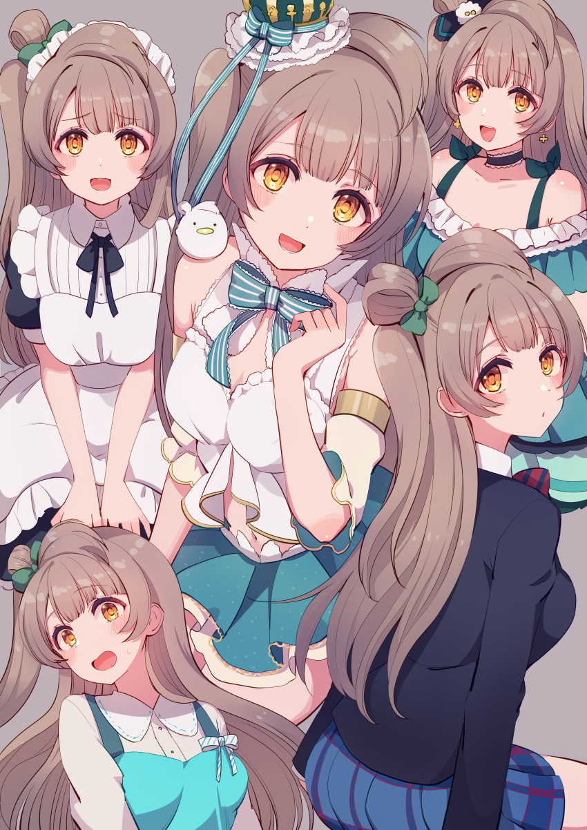 1girl absurdres ahoge apron birthday blush breasts collar commentary cream_(nipakupa) earrings grey_background grey_hair highres jewelry long_hair looking_at_viewer love_live! love_live!_school_idol_project maid maid_apron maid_headdress medium_breasts minami_kotori multiple_views one_side_up otonokizaka_school_uniform school_uniform smile upper_body yellow_eyes