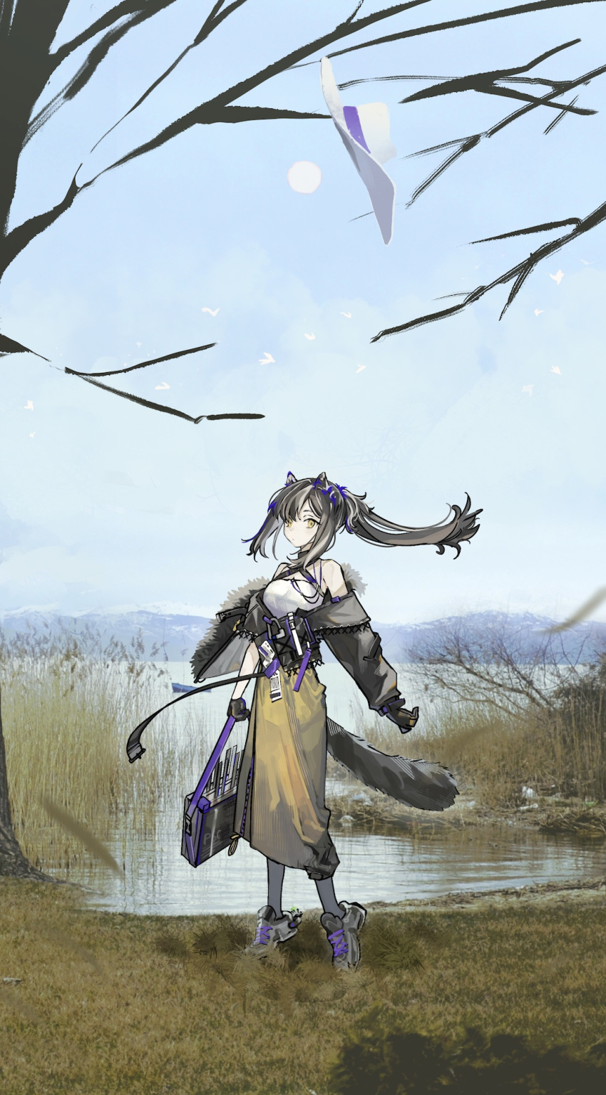 1girl animal_ears arknights bag bare_tree black_jacket blue_sky breasts brown_hair commentary full_body fur-trimmed_jacket fur_trim grass grey_hair hat highres holding holding_bag id_card jacket long_hair long_skirt matsuoka_(mtok_0) medium_breasts mountainous_horizon multicolored_hair no_freckles off_shoulder official_alternate_costume raccoon_ears raccoon_girl raccoon_tail reeds robin_(arknights) robin_(gift_of_wild)_(arknights) shirt shoes sidelocks skirt sky sneakers solo streaked_hair tail tree water white_headwear white_shirt yellow_skirt