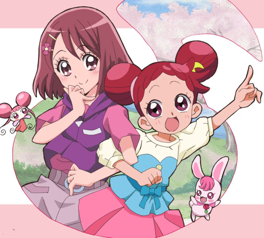 2girls :d arm_up blush commentary_request cosplay costume_switch crossover dodo_(ojamajo_doremi) double_bun fairy grey_shorts hair_bun hair_ornament hairpin hanadera_nodoka hand_to_own_mouth hand_up harukaze_doremi healin'_good_precure highres hood hood_down hooded_jacket jacket locked_arms long_hair looking_at_another masaru_(win800) multiple_girls musical_note ojamajo_doremi open_mouth pink_eyes pink_shirt pink_skirt pleated_skirt pointing pointing_up precure purple_jacket rabbit rabirin_(precure) red_hair shirt short_hair short_sleeves shorts skirt sleeveless sleeveless_jacket smile t-shirt