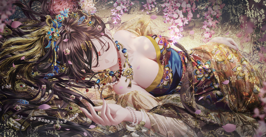 1girl absurdres bare_shoulders bracelet breasts brown_hair cleavage closed_eyes closed_mouth flower hair_ornament hand_on_own_hip highres jewelry junpaku_karen long_hair lying necklace original pearl_bracelet