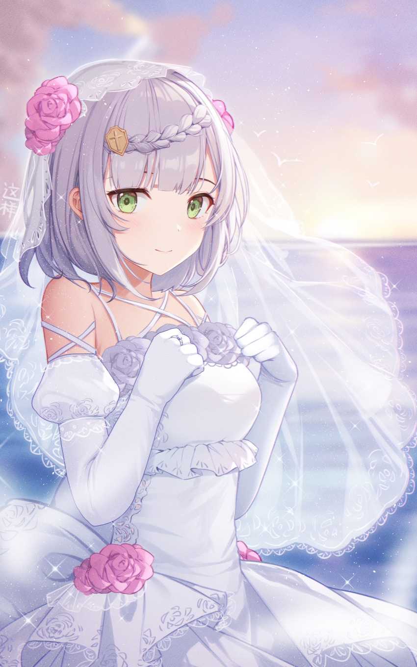 1girl absurdres bow braid breasts bridal_veil bride commentary dress elbow_gloves flower genshin_impact gloves green_eyes grey_hair hair_flower hair_ornament highres jewelry looking_at_viewer medium_breasts noelle_(genshin_impact) pink_flower ring rose short_hair smile solo strapless strapless_dress veil wedding wedding_dress wedding_ring white_bow white_dress white_flower white_gloves white_rose zx961219