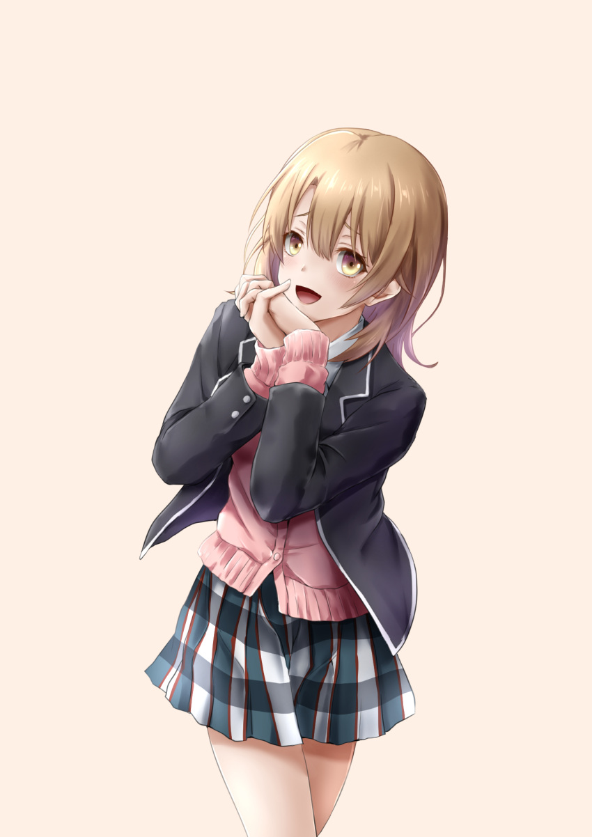 13enter 1girl black_jacket blazer blonde_hair blush cardigan cardigan_under_jacket cowboy_shot hair_between_eyes hands_up highres isshiki_iroha jacket long_sleeves medium_hair open_mouth own_hands_together pink_background pink_cardigan plaid plaid_skirt school_uniform simple_background skirt sobu_high_school_uniform solo standing yahari_ore_no_seishun_lovecome_wa_machigatteiru. yellow_eyes