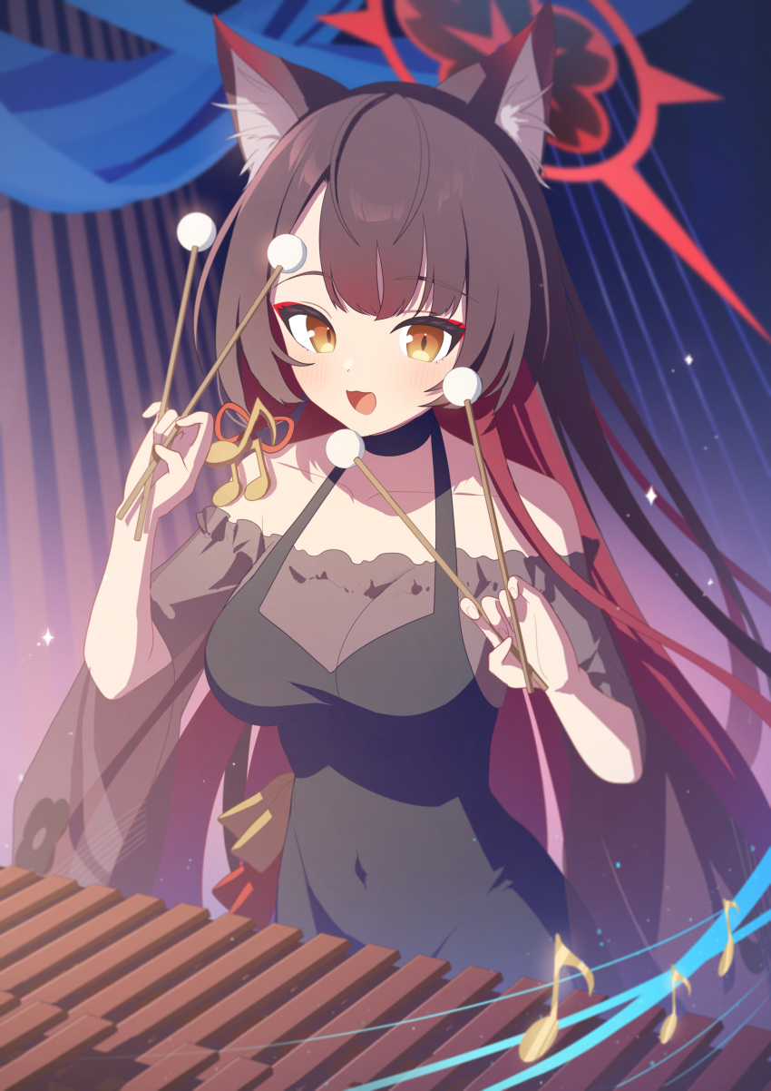 1girl absurdres animal_ears black_dress black_hair blue_archive breasts collarbone dress eighth_note fox_ears halo highres holding instrument kaerunrun large_breasts long_hair musical_note open_mouth red_halo smile solo wakamo_(blue_archive) xylophone yellow_eyes