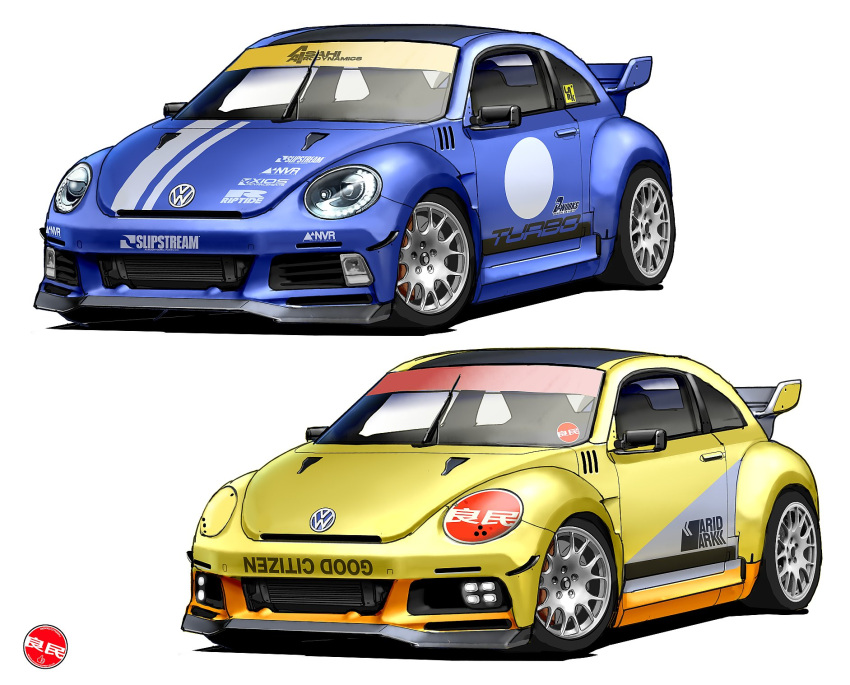 asterozoa car english_commentary highres motor_vehicle no_humans original race_vehicle racecar shadow simple_background spoiler_(automobile) variations vehicle_focus volkswagen volkswagen_beetle white_background