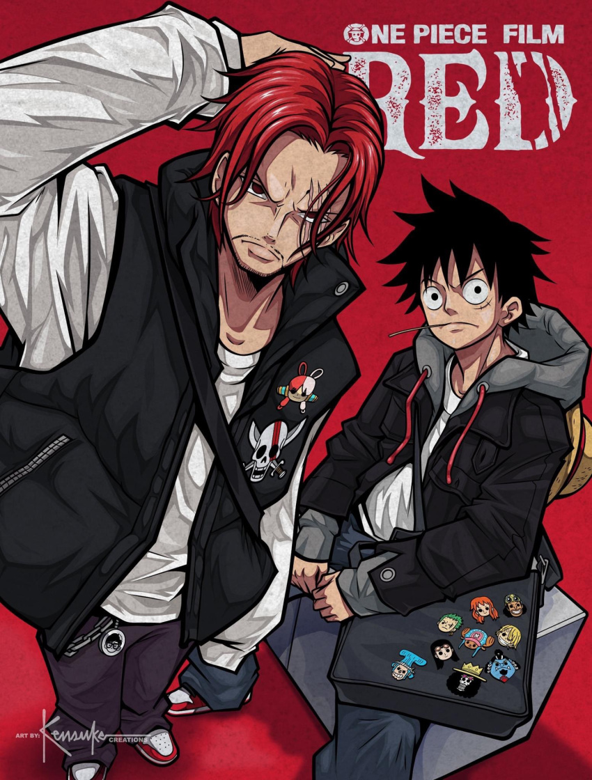 2boys alternate_costume artist_name black_eyes black_hair closed_mouth hair_over_one_eye hat hat_removed headwear_removed highres jolly_roger kensuke_creations looking_at_viewer male_focus monkey_d._luffy multiple_boys one_piece one_piece_film:_red red_background red_hair scar scar_across_eye scar_on_cheek scar_on_face shanks_(one_piece) short_hair sitting skull_and_crossbones straw_hat