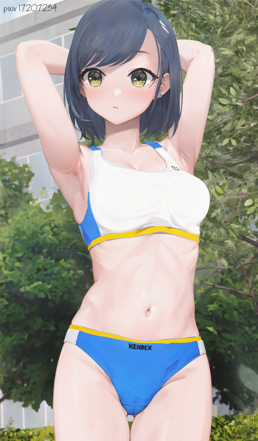1girl acer1234040 armpits arms_behind_head arms_up blue_buruma bob_cut breasts buruma crotch_seam day earrings grey_hair hair_ornament hairclip highres jewelry light_frown looking_to_the_side medium_breasts original outdoors parted_lips pixiv_id short_hair solo sports_bikini sports_bra standing thigh_gap tree white_sports_bra yellow_eyes
