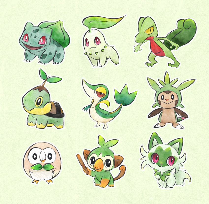 0_0 :&gt; animal_focus bird black_eyes bow bowtie brown_eyes bulbasaur cat chespin chikorita colored_sclera commentary_request fangs green_background green_bow green_bowtie grookey highres holding holding_stick leaf metikyun monkey no_humans open_mouth owl pokemon pokemon_(creature) red_eyes rowlet shell simple_background slit_pupils snivy sprigatito standing stick trait_connection treecko turtwig yellow_sclera