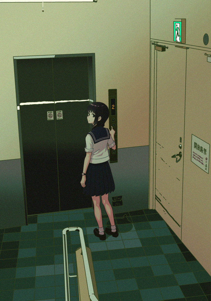 1girl amemori_sayo black_eyes black_hair blue_sailor_collar blue_skirt braid door dot_mouth elevator exit_sign expressionless film_grain from_behind full_body hair_over_shoulder hand_up highres index_finger_raised indoors loafers looking_at_viewer looking_back nijisanji nkymyura pleated_skirt romaji_commentary sailor_collar school_uniform serafuku shirt shoes short_sleeves skirt socks solo stairwell summer_uniform swept_bangs tile_floor tiles virtual_youtuber watch white_shirt white_socks wristwatch