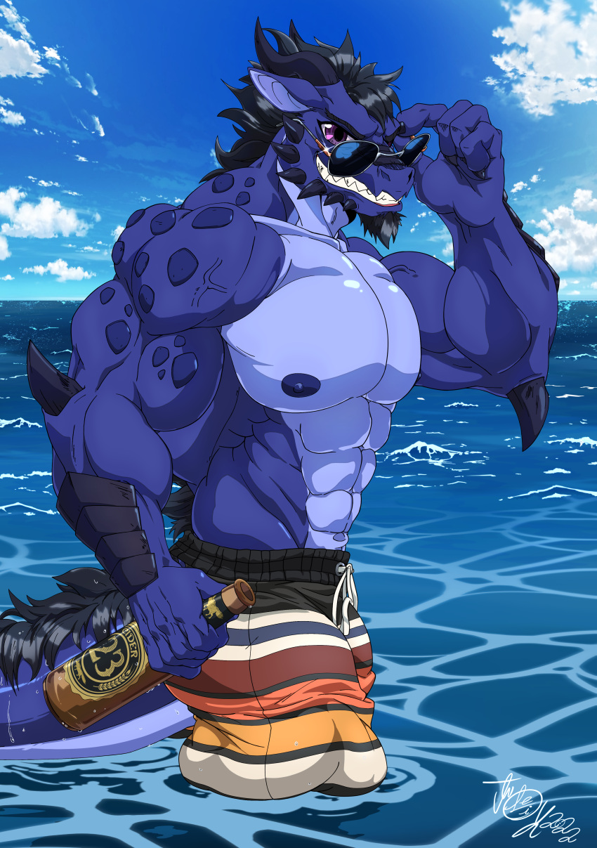 abs absurd_res adjusting_glasses anthro beard beer_bottle biped black_body black_fur black_hair blue_body bottle clothing cloud container dragon eyewear facial_hair flexflixfox fur grin hair hi_res horn humanoid_pointy_ears indigo_body male muscular muscular_anthro muscular_male partially_submerged pattern_clothing pattern_swimwear psych_hydra purple_eyes scales sea signature sky smile solo spikes striped_clothing striped_swimwear stripes sunglasses swimwear water