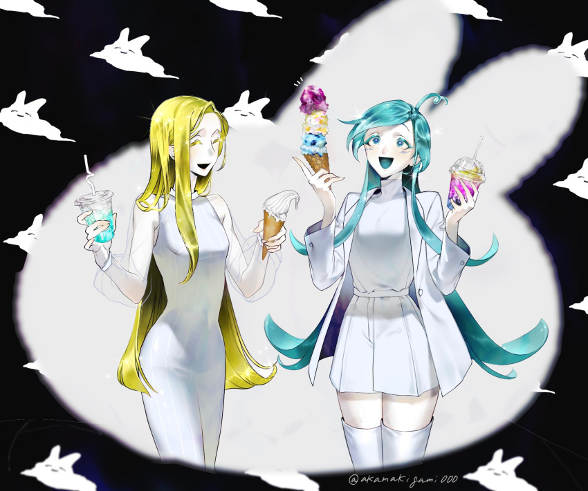 2others :d ^_^ ahoge alternate_costume alternate_hair_length alternate_hairstyle aqua_eyes aqua_hair aqua_tongue bare_shoulders blazer blonde_hair boots breasts buttons closed_eyes cloud colored_eyelashes colored_tongue covered_navel crystal_hair dress food gem highres houseki_no_kuni ice_cream jacket lapis_lazuli_(houseki_no_kuni) long_hair long_jacket long_sleeves looking_up momokichi_(akamakigami000) multiple_others navel open_clothes open_jacket open_mouth other_focus pale_skin parted_bangs puffy_long_sleeves puffy_sleeves rabbit see-through see-through_sleeves shirt_tucked_in shorts sleeve_cuffs sleeveless sleeveless_dress smile swept_bangs thigh_boots turtleneck very_long_hair white_dress white_jacket white_shorts yellow_diamond_(houseki_no_kuni) zettai_ryouiki