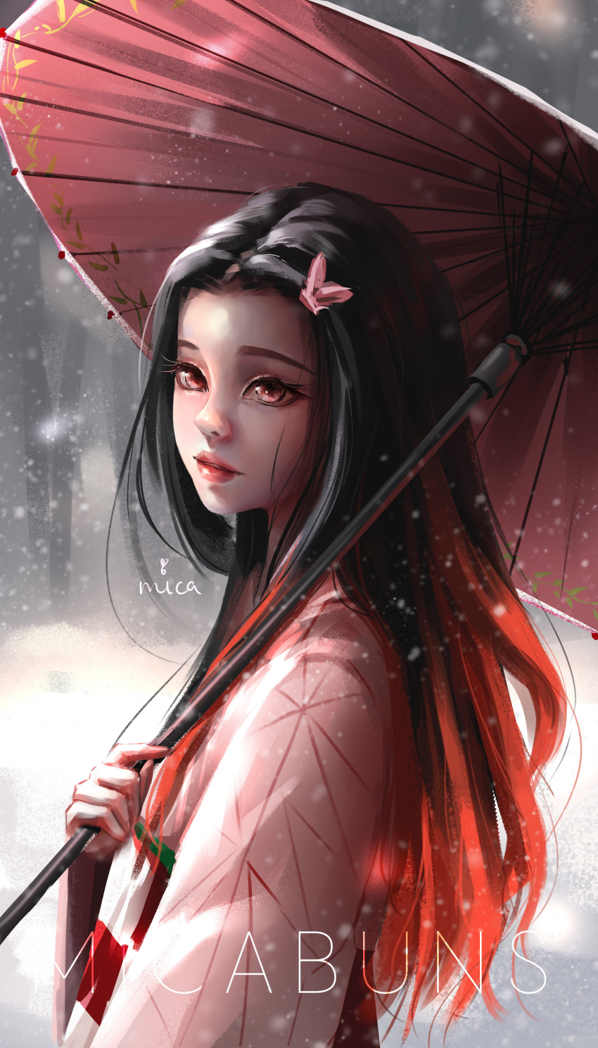 1girl absurdres artist_name black_hair commentary english_commentary eyelashes from_side gradient_hair hair_ribbon highres holding holding_umbrella japanese_clothes kamado_nezuko kimetsu_no_yaiba kimono long_hair looking_at_viewer micabuns multicolored_hair oil-paper_umbrella parted_lips pink_eyes pink_kimono red_hair red_umbrella ribbon signature snow snowing solo two-tone_hair umbrella upper_body