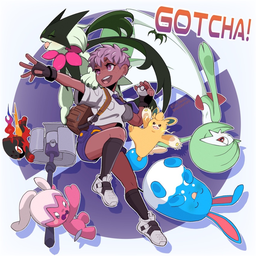 1girl :d azumarill black_gloves black_socks character_request charcadet check_character collared_shirt commentary_request fingerless_gloves fool_iketani freckles gardevoir gloves highres holding holding_poke_ball kneehighs meowscarada mole mole_under_mouth necktie original outstretched_arm pawmot poke_ball poke_ball_(basic) pokemon pokemon_(creature) purple_eyes purple_hair purple_necktie purple_shorts round_eyewear shirt shoes short_eyebrows short_hair short_shorts short_sleeves shorts smile socks teeth tinkatuff twitter_username upper_teeth_only white_footwear white_shirt