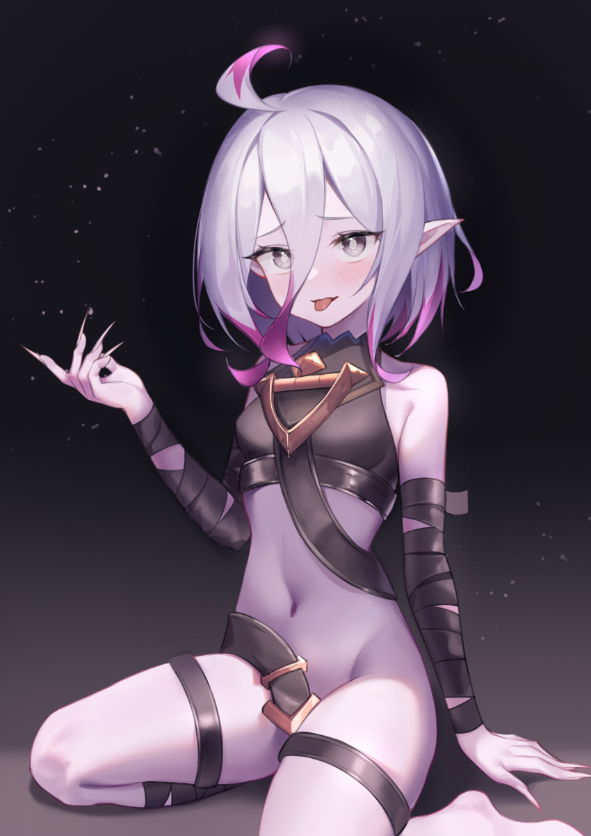 1girl absurdres ahoge belt black_belt blush bottomless breasts briar_(league_of_legends) fingernails foot_out_of_frame furrowed_brow gradient_background grey_eyes grey_hair hair_between_eyes highres league_of_legends legs long_fingernails looking_at_viewer medium_hair multicolored_hair navel pink_hair pointy_ears shadow sharp_fingernails sidelocks simple_background sitting small_breasts solo stomach strapless thighs tongue tongue_out two-tone_hair user_sxaf8777 vampire very_long_fingernails