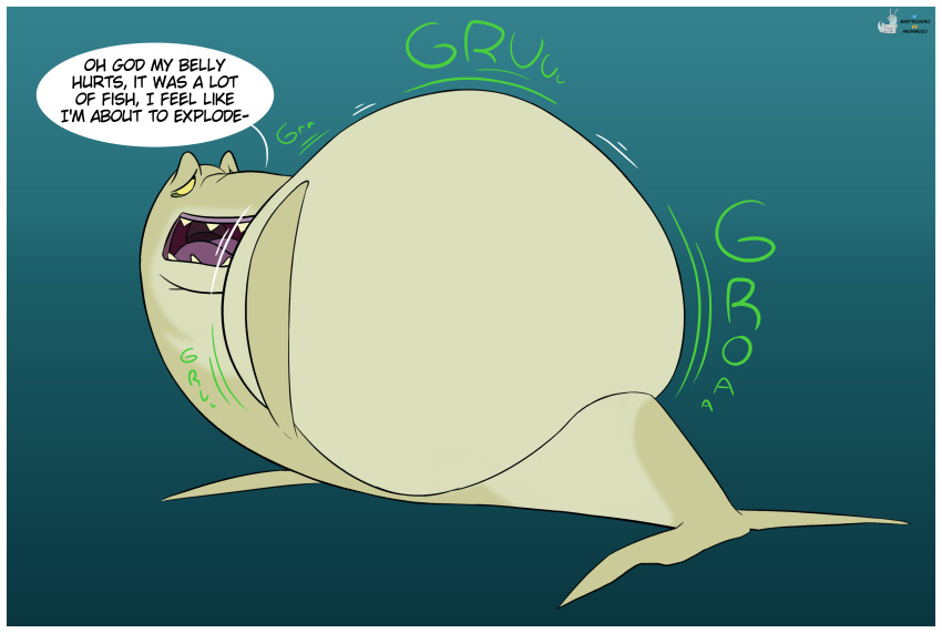 absurd_res artrogero_(artist) belly big_belly burping digestion digestion_noises feral fish gradient_background hi_res huge_belly male marine rumbling_stomach shark shark_(help!_i'm_a_fish) sharp_teeth simple_background solo teeth vore watermark