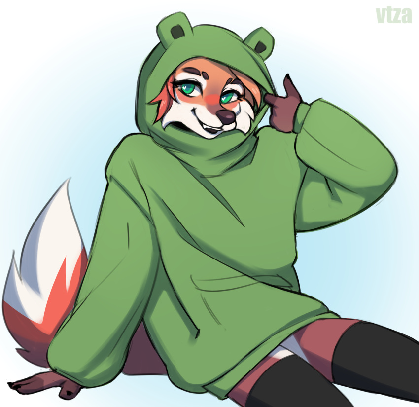 5_fingers anthro artist_name baggy_hoodie biped cheek_tuft clothing countershade_face countershade_fur countershading eyelashes facial_tuft female fingers frog_hood fur green_clothing green_eyes green_hoodie green_topwear hair hi_res hoodie long_sleeves looking_at_viewer mammal open_mouth orange_body orange_fur orange_hair sitting solo split_eyebrow tail topwear tuft vtza white_body white_fur