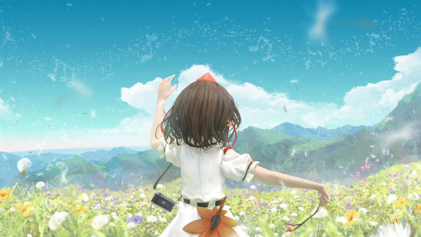 absurdres facing_away fasnakegod field flower flower_field from_behind highres scenery shameimaru_aya touhou