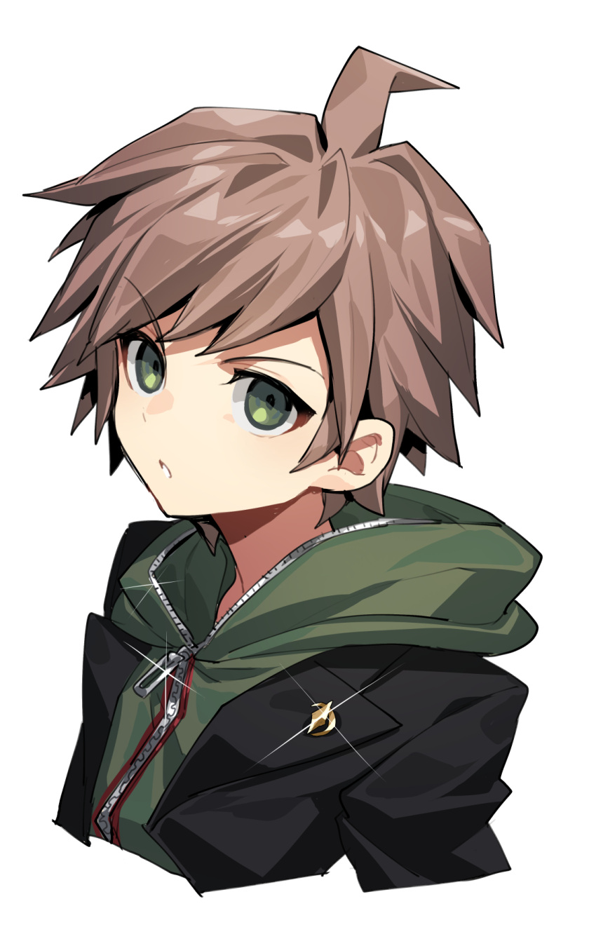 1boy black_jacket brown_hair cropped_arms cropped_shoulders danganronpa:_trigger_happy_havoc danganronpa_(series) green_eyes green_hoodie highres hood hood_down hoodie jacket long_sleeves looking_at_viewer male_focus naegi_makoto parted_lips short_hair solo yadayada