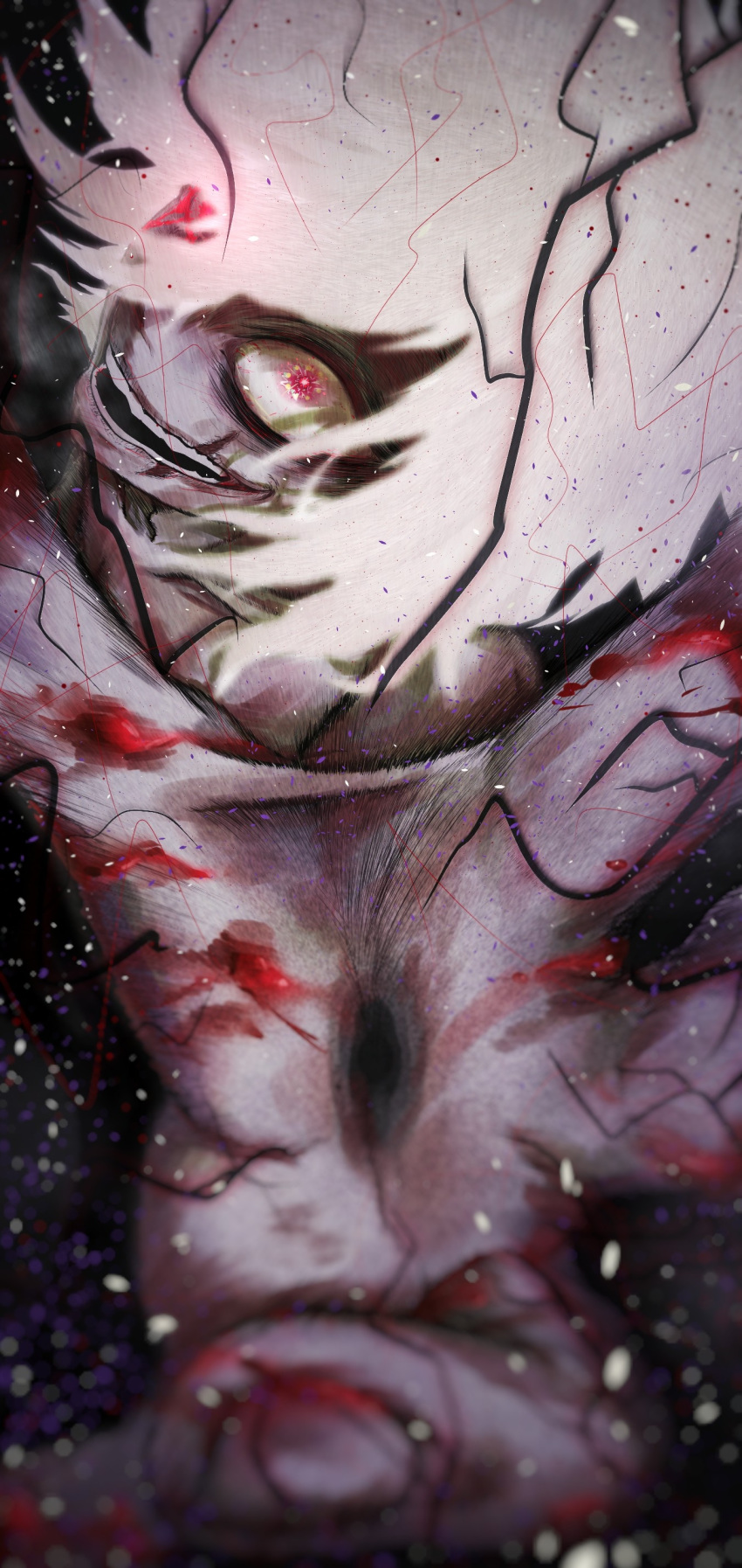 1boy absurdres boku_no_hero_academia highres looking_at_viewer male_focus murasaki_(monochrome_p) open_mouth outstretched_arm reaching reaching_towards_viewer red_eyes scar scar_on_face shigaraki_tomura solo white_hair wrinkled_skin