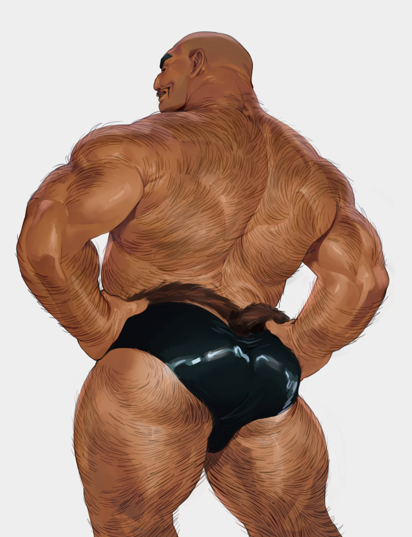 1boy absurdres alternate_body_hair arm_hair ass ass_focus back back_focus back_hair bald bara black_hair black_male_underwear briefs commentary dragon_ball dragon_ball_z english_commentary facial_hair from_behind hairy hands_on_own_hips highres latex_underwear leg_hair looking_at_viewer looking_back male_focus male_underwear mature_male monkey_tail muscular muscular_male mustache nappa revision ross_(doodlrenzo) smirk smug solo tail tail_around_waist thick_thighs thighs topless_male underwear underwear_only